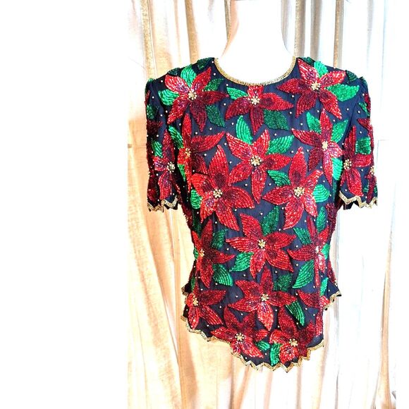 Vintage Laurence Kazar Sequin & Beaded Christmas Poinsettia Top Blouse Sz L - Picture 1 of 11
